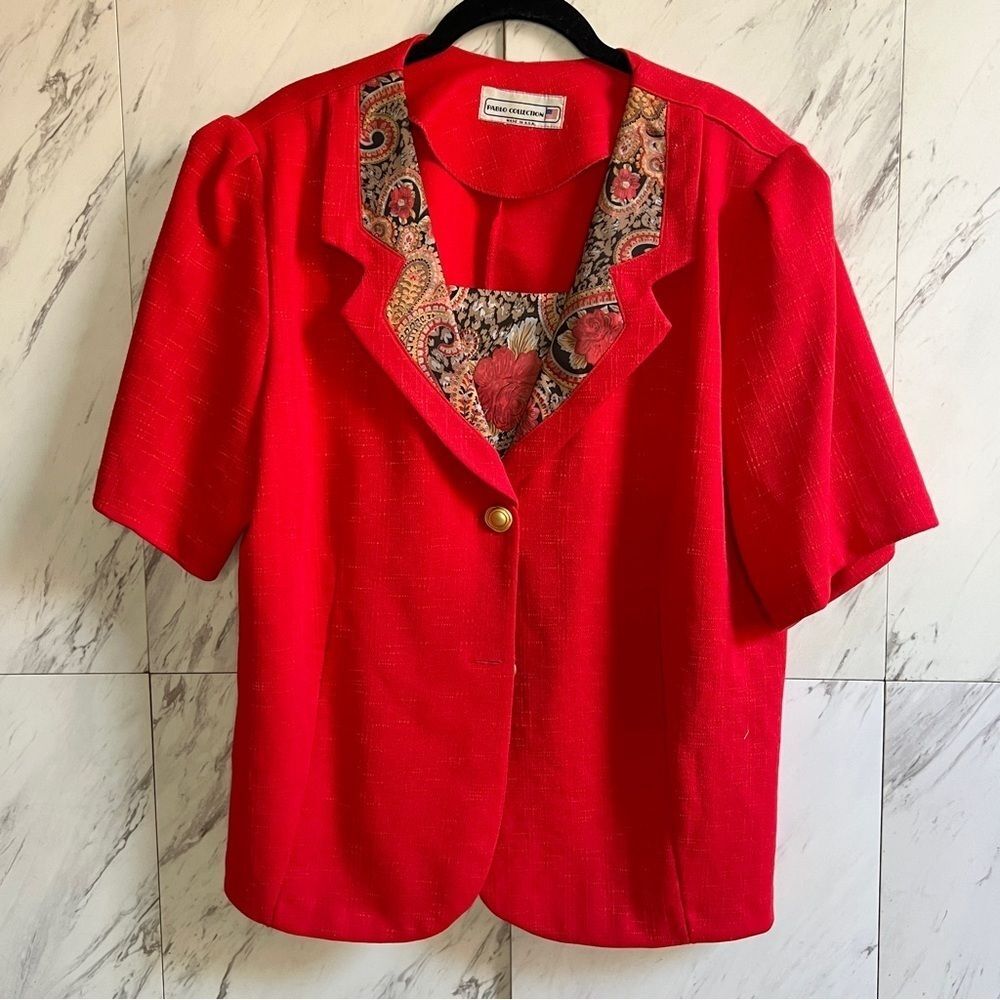 Vintage 80s 90s Pablo Collection Short Sleeve Red Paisley Midi Skirt Suit Set 16 - Picture 5 of 8